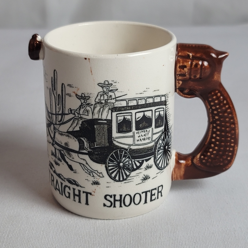 Straight Shooter WF Stagecoach Ceramic Mug Revolver Handle Vintage Western MCM
